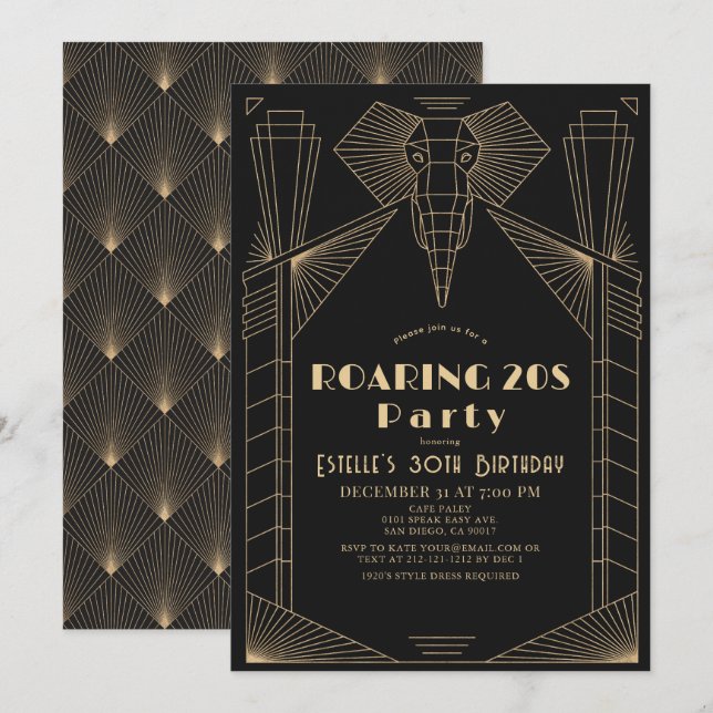 Convite Art Deco 1920, Elefante Roaring 20s Aniversário (Frente/Verso)