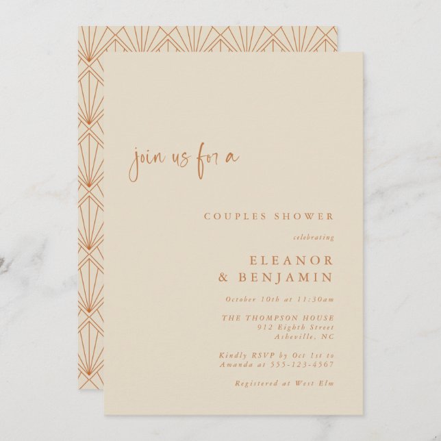 Convite Art Deco Art Burnt Orange Elegent Casal Chá (Frente/Verso)