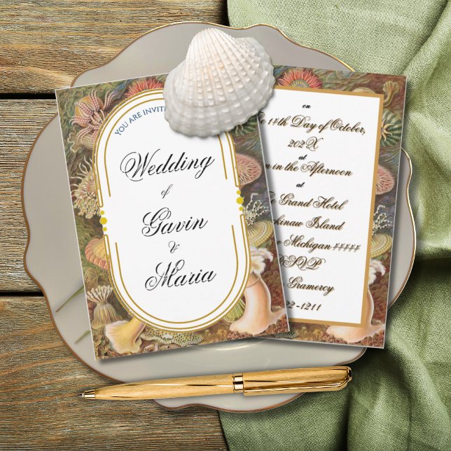 Convite Art Deco Art Nouveau Floral Dourada Tone Sea Life (Criador carregado)