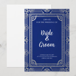 Convite Art Deco Azul Marinho Cinza Prata