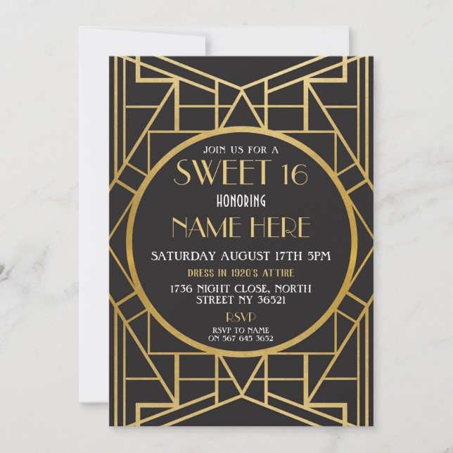 Convite Art Deco Birthday Sweet 16, partido Gatsby, de 192 (Frente)
