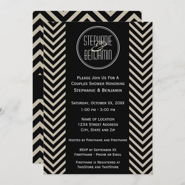 Convite Art Deco Black and Beige Chevron Standard (Frente/Verso)