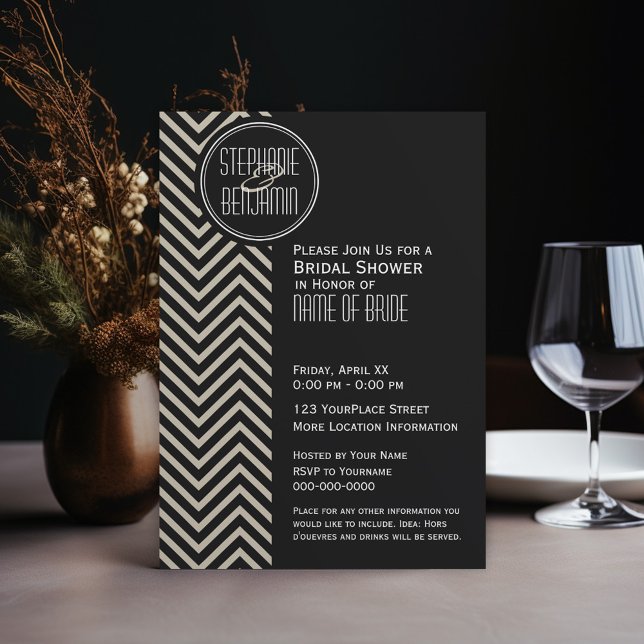 Convite Art Deco Black and Beige Chevron Standard (Wedding Shower Invitation - black and taupe art deco)
