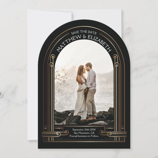 Convite Art Deco Black and Bronze Arch Save the Date (Frente)