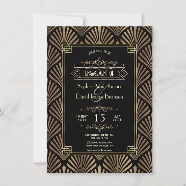 Convite Art Deco Black Gatsby Festa de noivado (Frente)