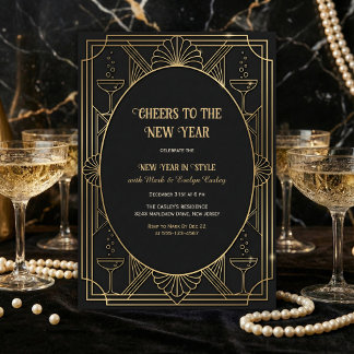 Convite Art Deco Black & Gold Cheers to the New Year