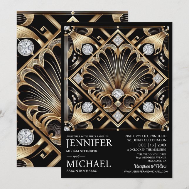 Convite Art Deco Black & Gold Diamond Wedding Invitations  (Frente/Verso)