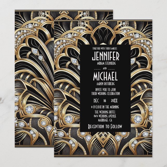Convite Art Deco Black & Gold Diamond Wedding Invitations (Frente/Verso)