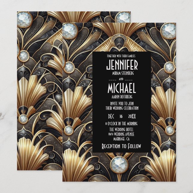 Convite Art Deco Black & Gold Diamond Wedding Invitations (Frente/Verso)