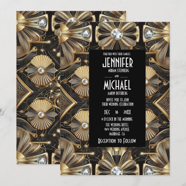 Convite Art Deco Black & Gold Diamond Wedding Invitations (Frente/Verso)