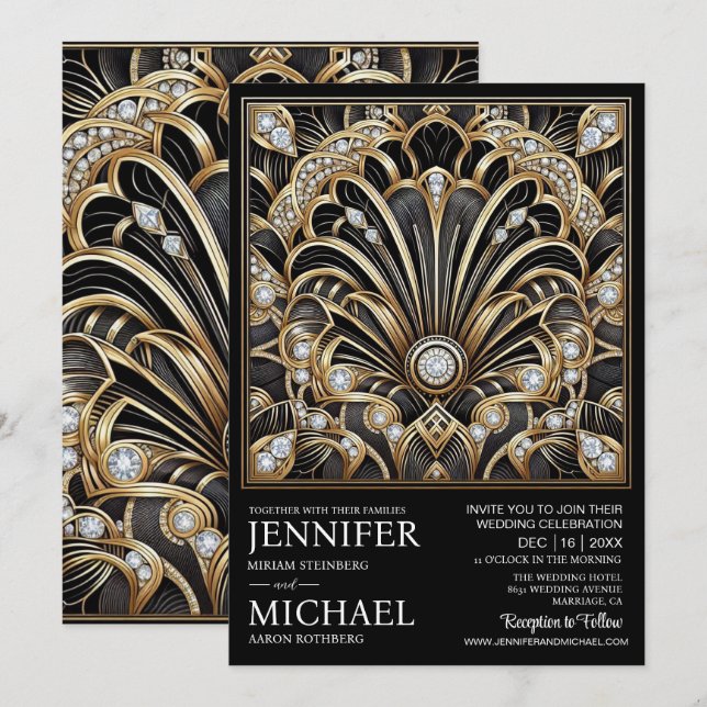 Convite Art Deco Black & Gold Diamond Wedding Invitations  (Frente/Verso)