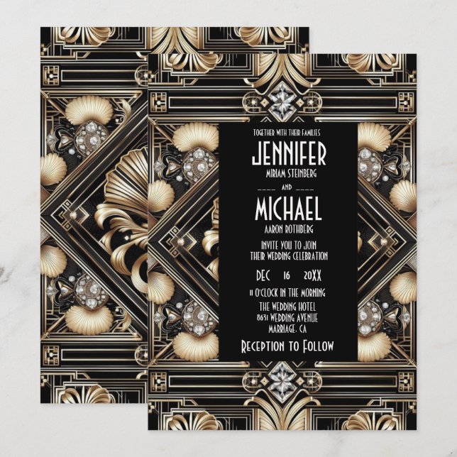 Convite Art Deco Black & Gold Diamond Wedding Invitations (Frente/Verso)