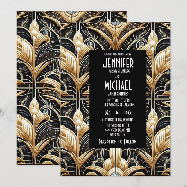 Convite Art Deco Black & Gold Diamond Wedding Invitations (Frente/Verso)