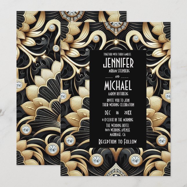 Convite Art Deco Black & Gold Diamond Wedding Invitations (Frente/Verso)