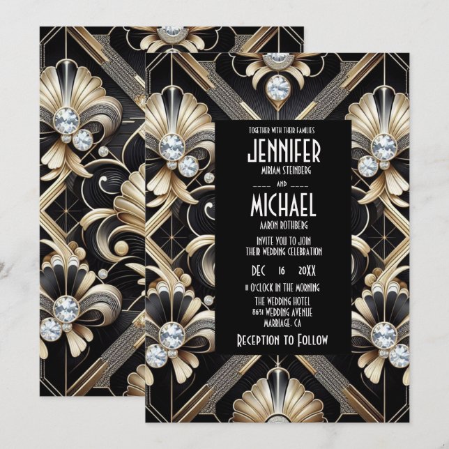 Convite Art Deco Black & Gold Diamond Wedding Invitations (Frente/Verso)