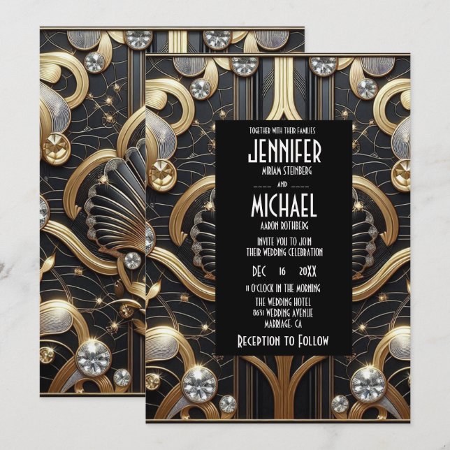 Convite Art Deco Black & Gold Diamond Wedding Invitations (Frente/Verso)