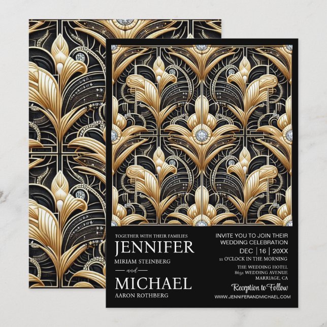 Convite Art Deco Black & Gold Diamond Wedding Invitations  (Frente/Verso)