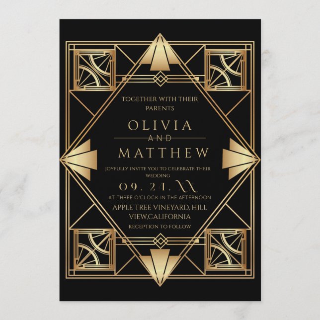 Convite Art Deco Black Gold Frame Wedding (Frente)