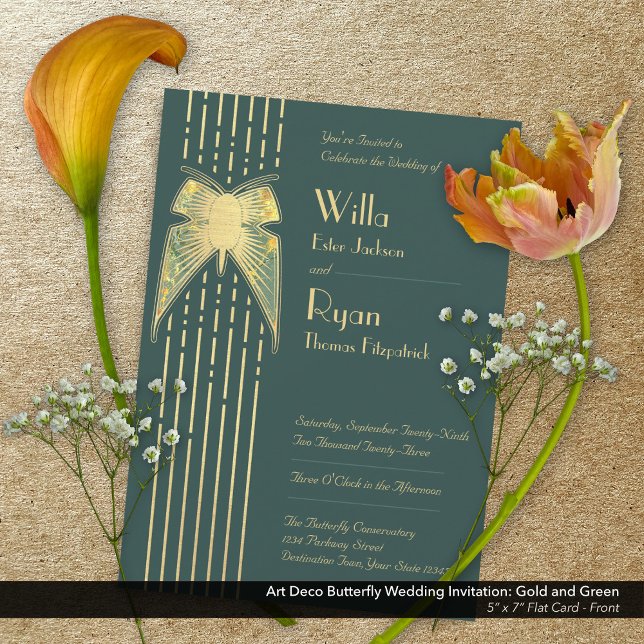 Convite Art Deco Borboleta Verde e Dourado Casamento (Art Deco Butterfly Green and Gold Wedding Invitation - Front)