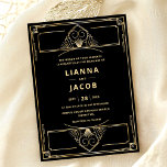 Convite Art Deco Casamento Dourado Preto<br><div class="desc">Capture o glamour dos anos vinte com este Convite Dourado para Casamento Negro Art Deco, perfeito para uma celebração inspirada em Gatsby, Excelente chic. Com padrões geométricos ousados e uma paleta azul e dourada luxuosa, combina elegância de vintage com charme retrorreflector de eterno. Este convite é a escolha ideal para...</div>