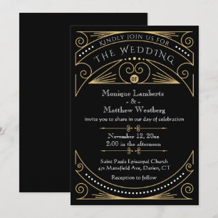 Convite Art Deco Casamento Preto e Dourado