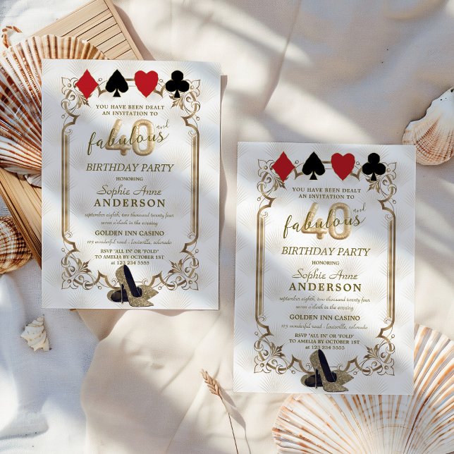 Convite Art Deco Casino Poker 40 e Fabuloso Aniversário (Criador carregado)