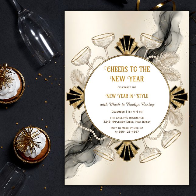 Convite Art Deco Champagne & Pearls Cheers to the New Year (Cheers to the New Year – Art Deco Champagne & Pearl Wreath, Black & Gold, Personalized)