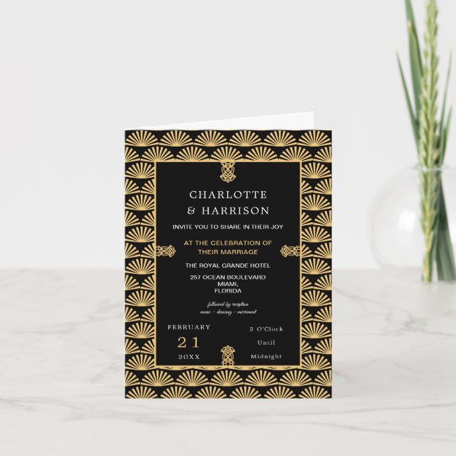 Convite Art Deco Classy Black Gold Wedding (Frente)