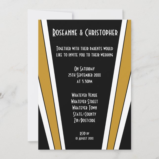 Convite Art Deco Design Black E Dourado Casamento (Frente)