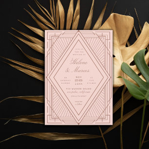 Convite Art Deco Diamond Blush Rosa Dourado Casamento Rosa
