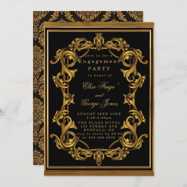 Convite Art Deco Dourada Festa de noivado Real (Frente/Verso)