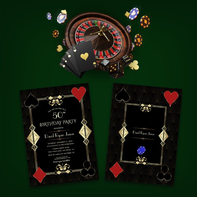 Convite Art Deco Dourado Casino Night Poker Man Birday (Criador carregado)