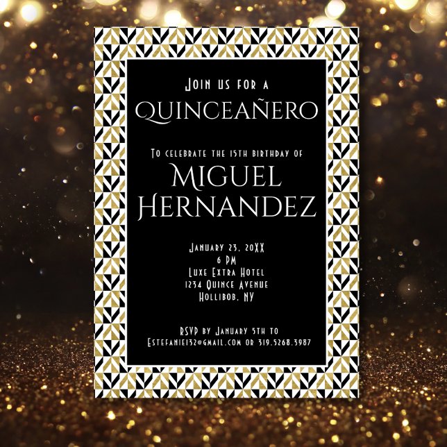 Convite Art Deco Dourado e Black Quinceañero 15 Aniversári (Criador carregado)