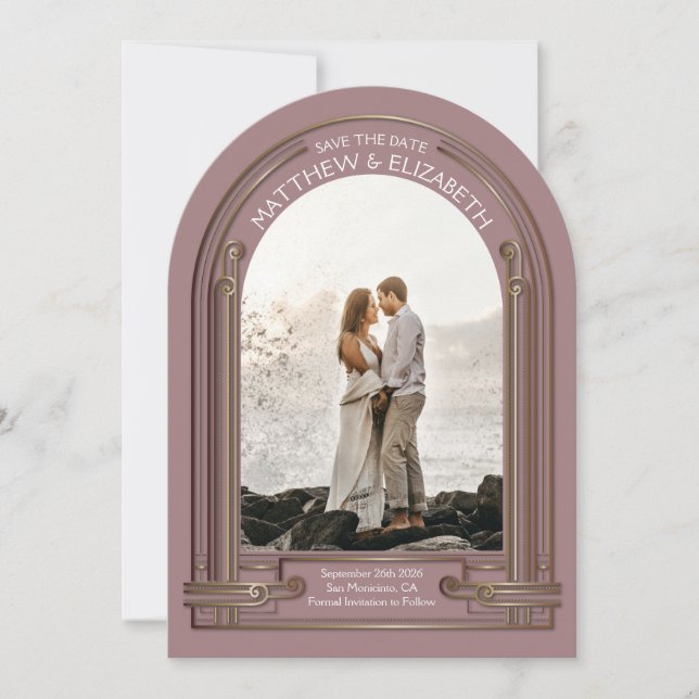 Convite Art Deco Dusty Rose Bronze Arch Save the Date (Frente)