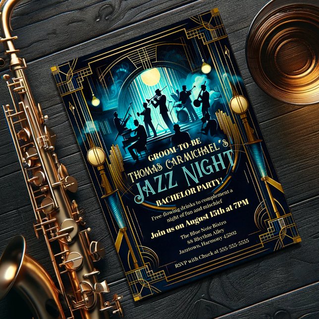 Convite Art Deco Elegance Jazz Night Bachelor Party (Criador carregado)