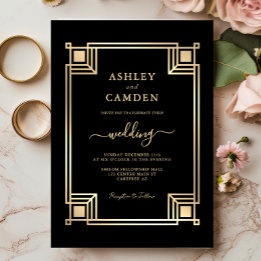 Convite Art Deco Elegant Gold Frame Black Wedding