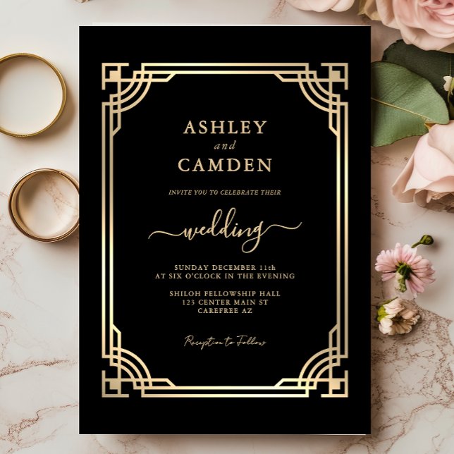 Convite Art Deco Elegant Gold Frame Wedding (Criador carregado)
