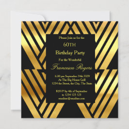 Convite ART DECO Elegante 60ª Festa de aniversário Dourada