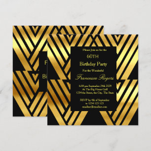 Convite ART DECO Elegante 60ª Festa de aniversário Dourada