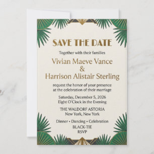 Convite Art Deco Esmeralda & Dourado Save the Date Elegant