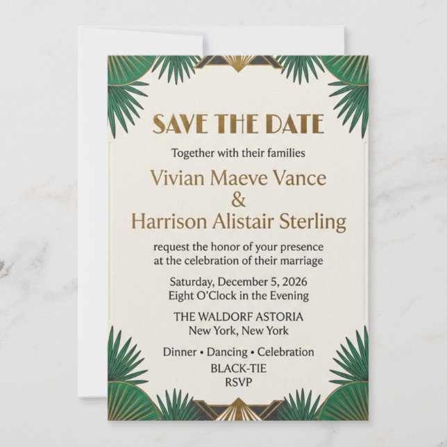 Convite Art Deco Esmeralda & Dourado Save the Date Elegant (Frente)