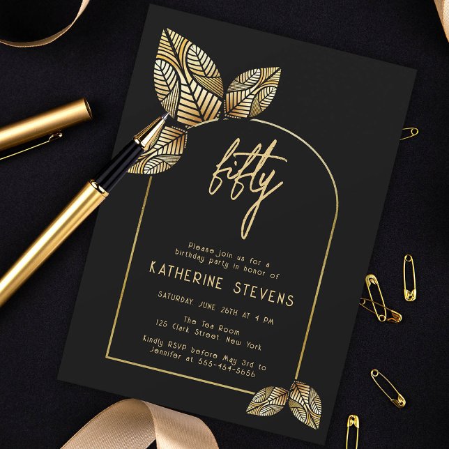 Convite Art Deco Foliage Dourado Boho Botânico 50º Anivers (art deco 50th birthday invitation card diy women botanical gold foliage stylized gatsby roaring 20s )