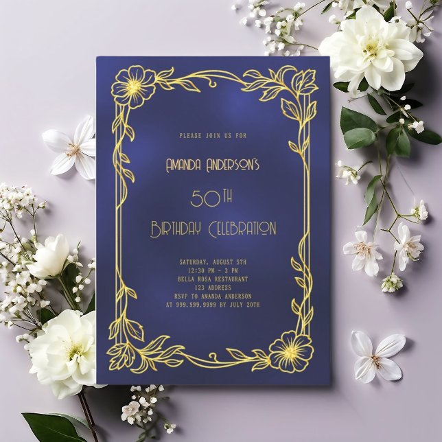 Convite Art Deco Gatsby blue gold birthday (Criador carregado)