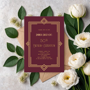 Convite Art Deco Gatsby Burgundy - aniversário de ouro