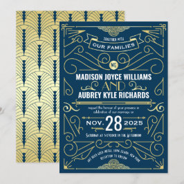 Convite Art Deco Gatsby Casamento Elegante Dourado Azul Es