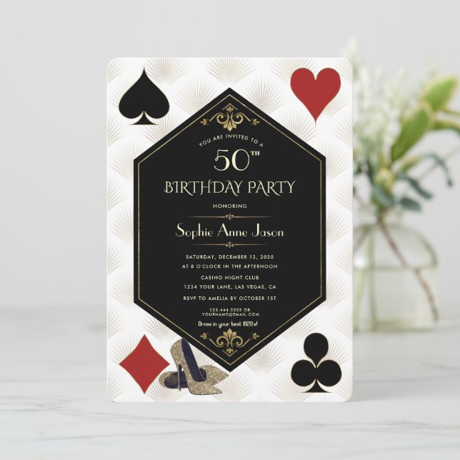Convite Art Deco Gatsby Casino Royale Poker Aniversário (Em pé/Frente)