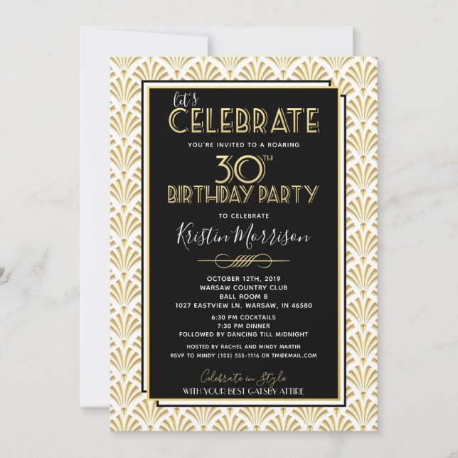 Convite Art deco Gatsby do aniversário de 30 anos (Frente)