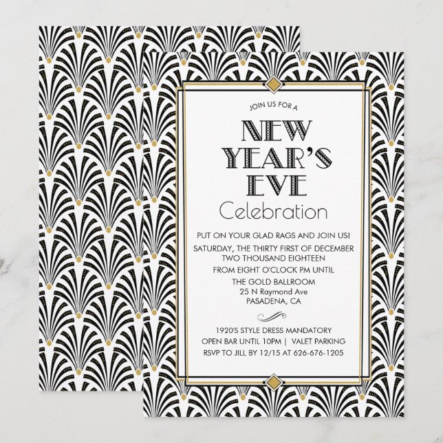 Convite Art Déco Gatsby para Réveillon (Frente/Verso)