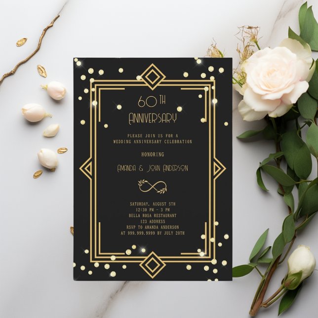Convite Art Deco Gatsby preto  60º aniversário de casament (Criador carregado)