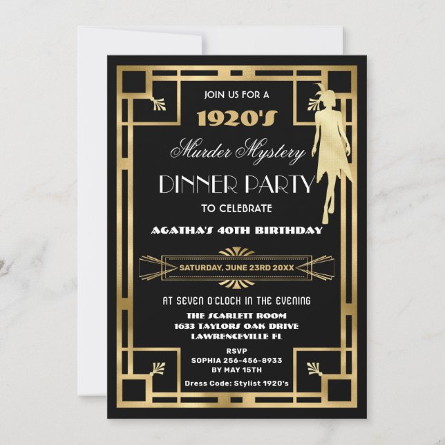 Convite Art Deco Gatsby Roaring 20s Murder Mystery Party (Frente)